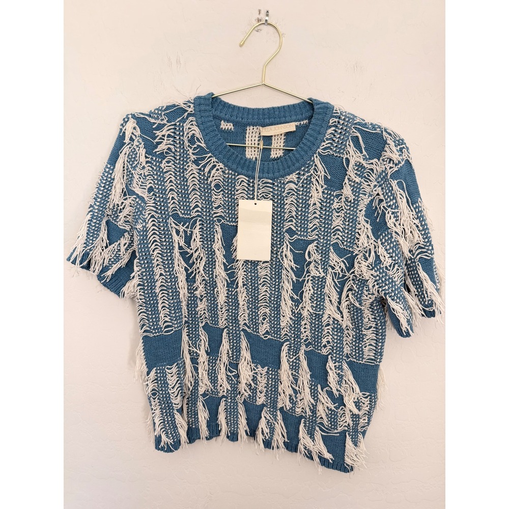 ULLA JOHNSON Rumi Top Bluette Artisan Fringe Knit Short Sleeve Sweater M NEW